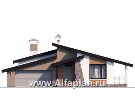 Проекты домов Альфаплан - «Санта-Моника» — одноэтажный коттедж с большим гаражом и террасой - превью фасада №1