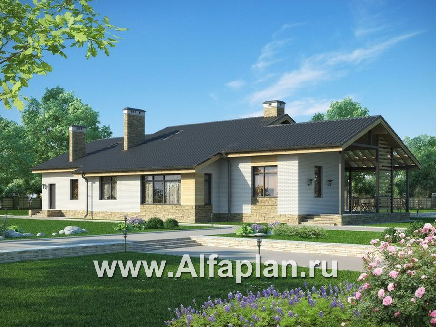 Проект дома с мансардой, 3 спальни на 1эт и сауна, с террасой, второй свет в гостиной, в современном стиле - дизайн дома №1