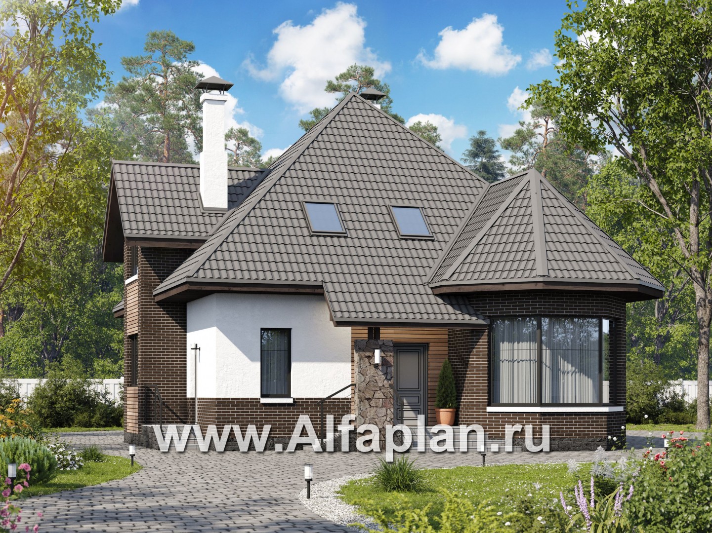 «Капелла» - проект дома с мансардой, из газобетона, с террасой и с эркером, современный стиль - основное изображение