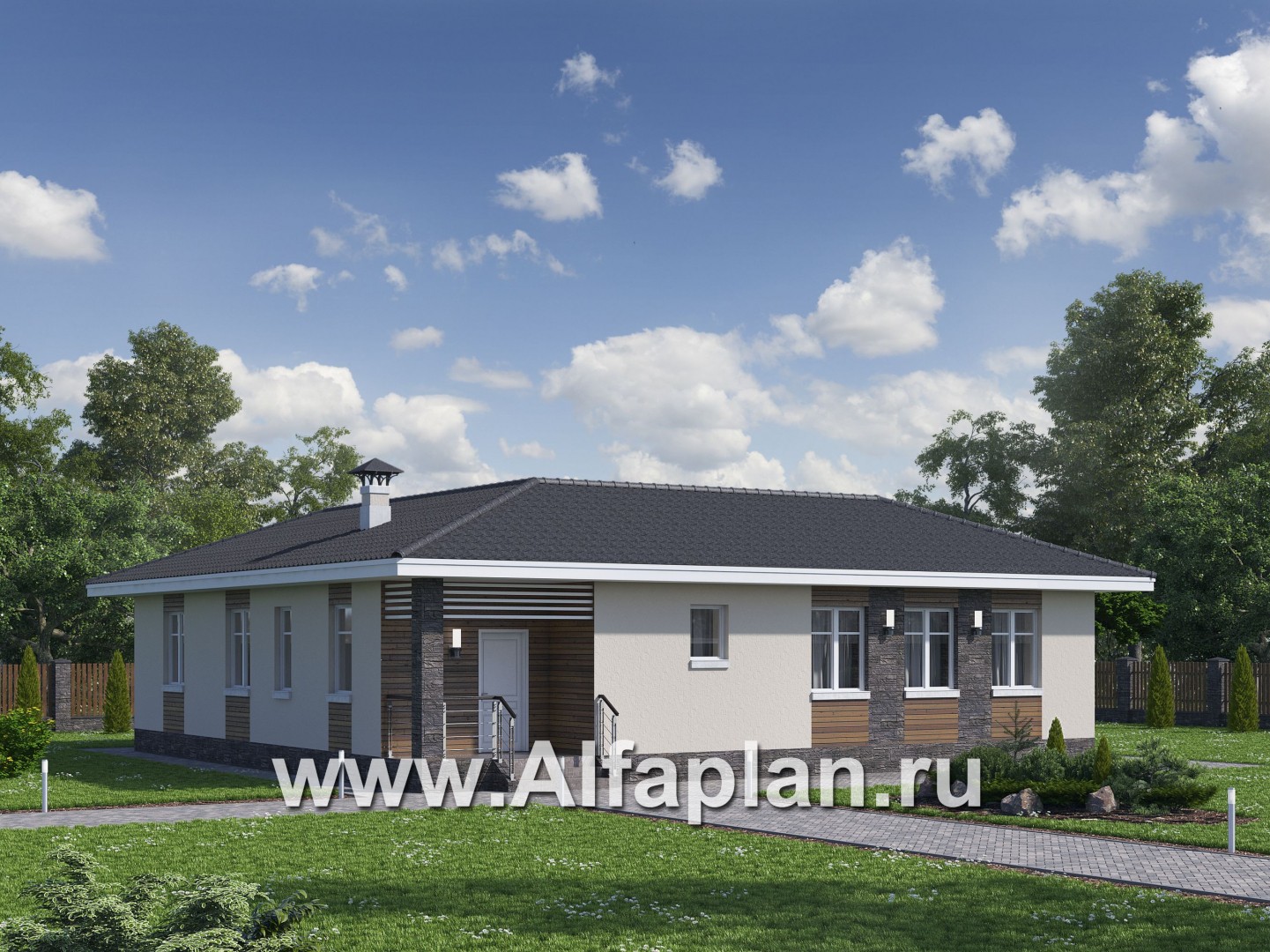 Проекты домов Альфаплан - "Атриум" - одноэтажный коттедж с внутренним двориком - основное изображение