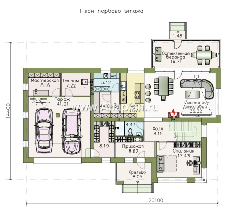 «Прайд» - проект современного двухэтажного дома, мастер спальня, с террасой и сауной, гараж на 2 авто - превью план дома