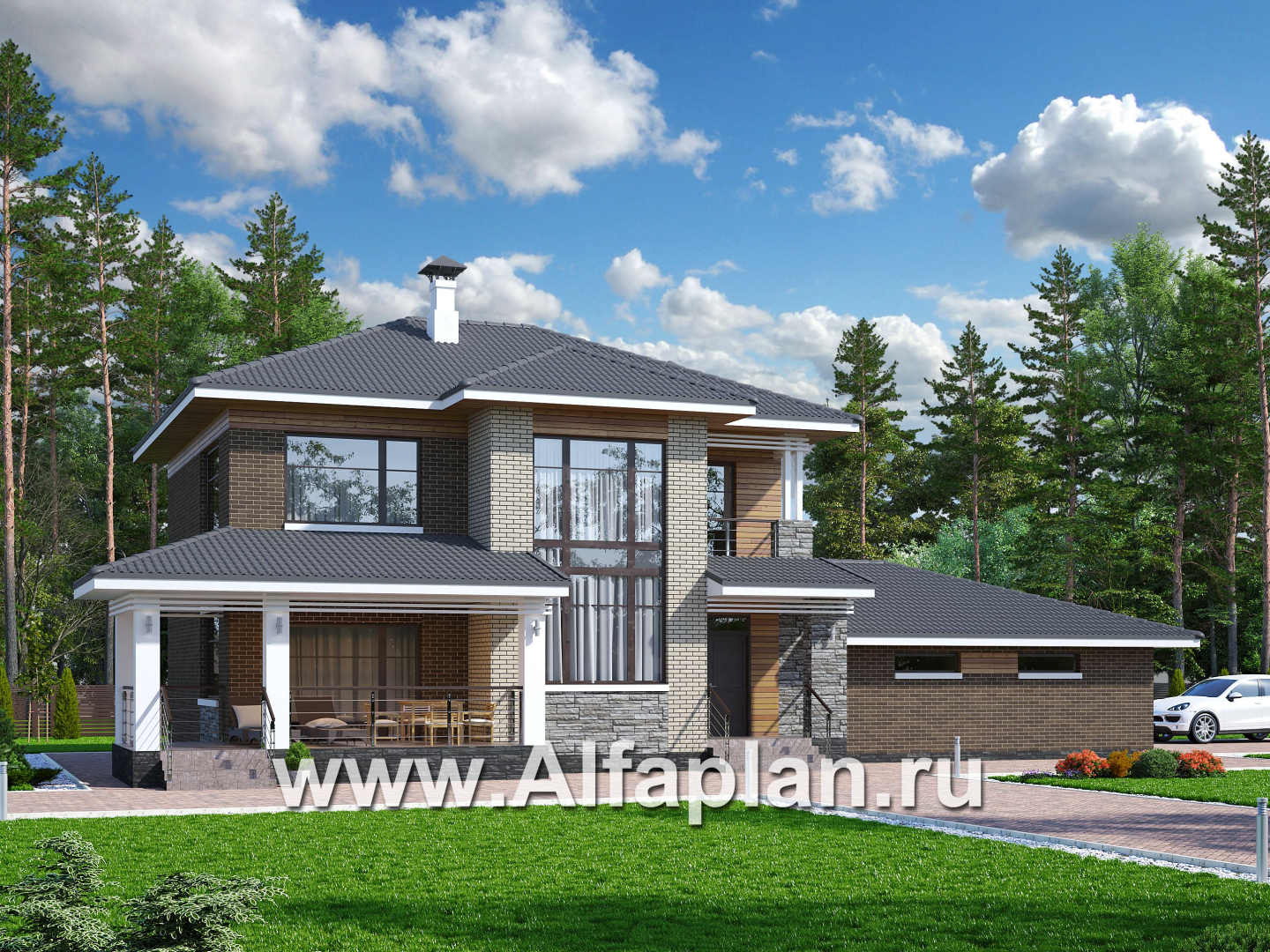 «Летний вечер» - проект двухэтажного дома, с верандой и с гаражом на 2 авто, в современном стиле - основное изображение