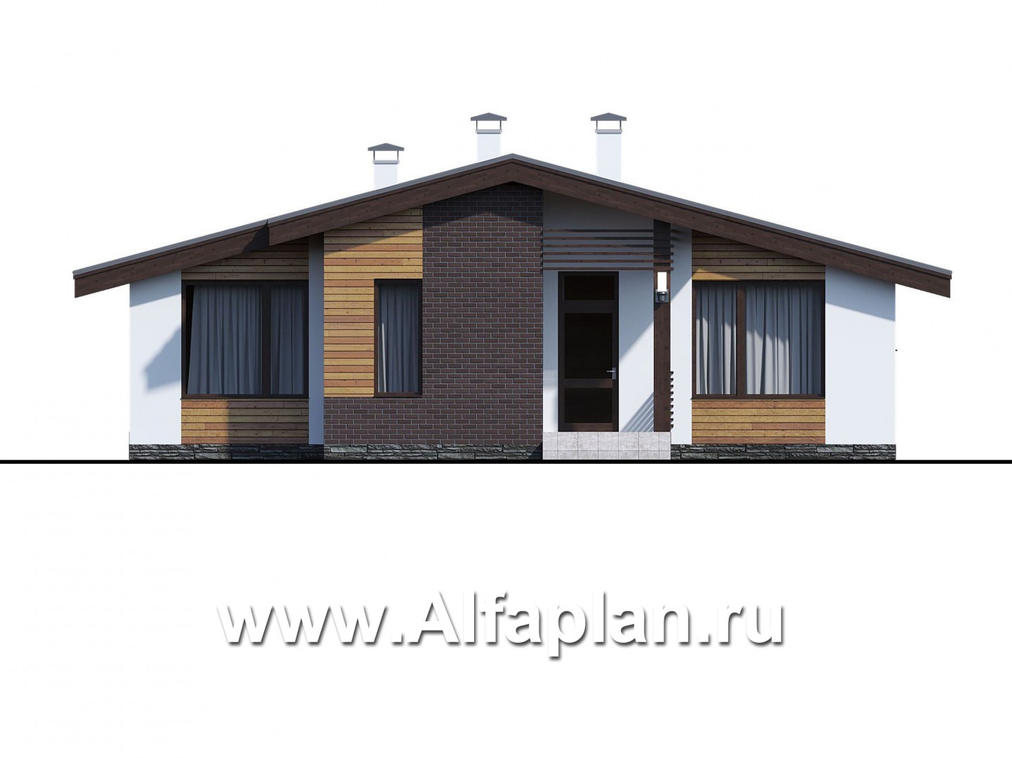 Проекты домов Альфаплан - «Альфа» - небольшой каркасный коттедж с двумя спальнями - изображение фасада №1