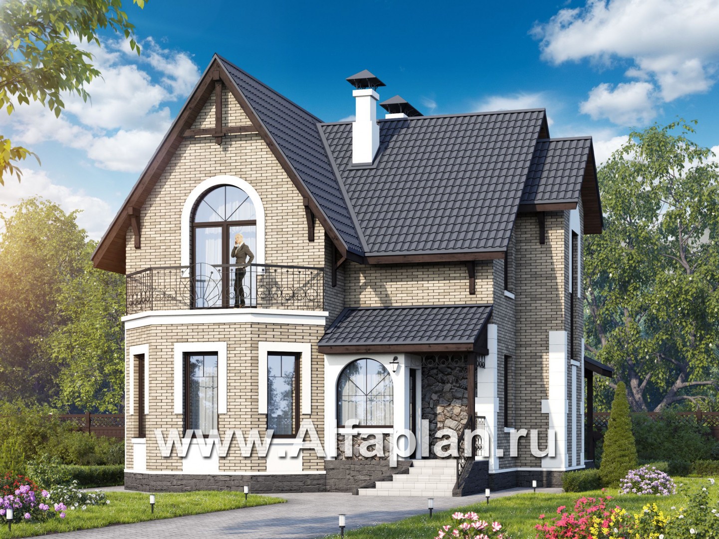 Проекты домов Альфаплан - Кирпичный дом «Оптима» с красивым эркером - основное изображение
