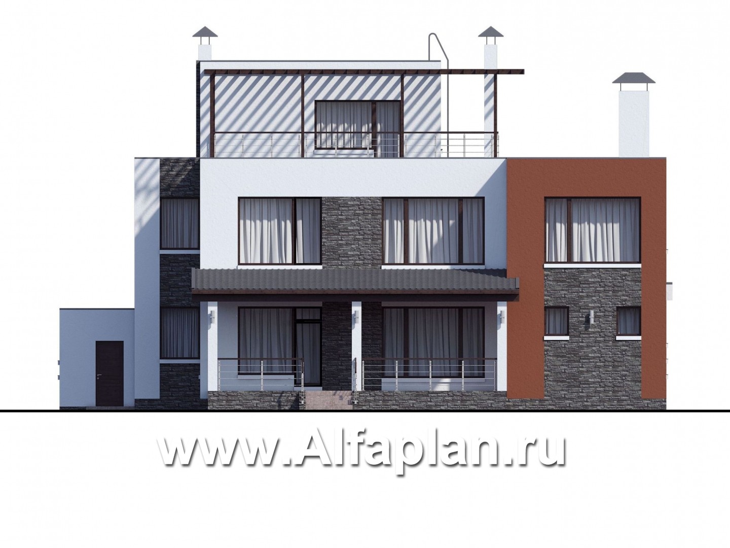 Проекты домов Альфаплан - «Альстер» — трехэтажный коттедж с гаражом и эксплуатируемой кровлей - изображение фасада №4