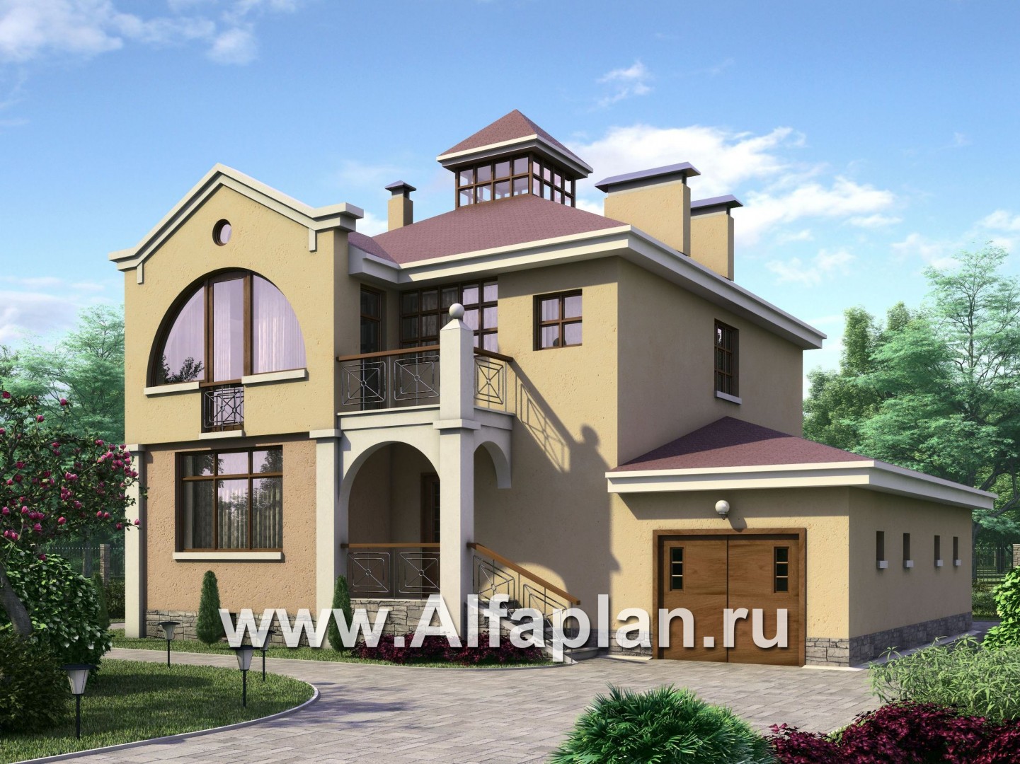 «Принцесса на горошине»  - проект двухэтажного дома, планировка с кабинетом на 1 эт, с террасой, с цокольным этажом - основное изображение