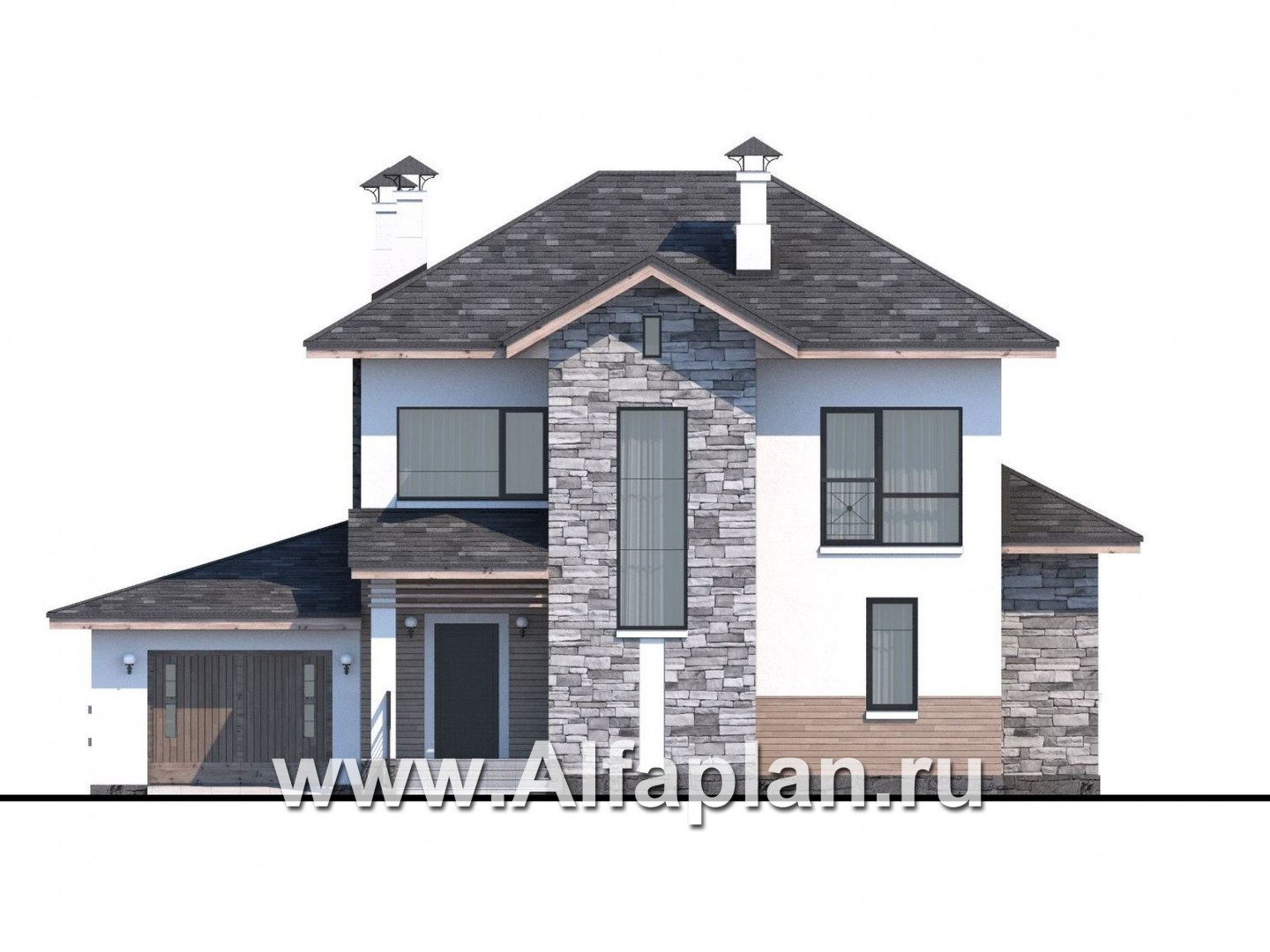 Проекты домов Альфаплан - «Снежная страна» - изящный коттедж с террасами и гаражом - изображение фасада №1