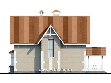 «Примавера» - проект дома с мансардой, с эркером и террасой, с навесом на 1 авто, в английском стиле - превью фасада дома