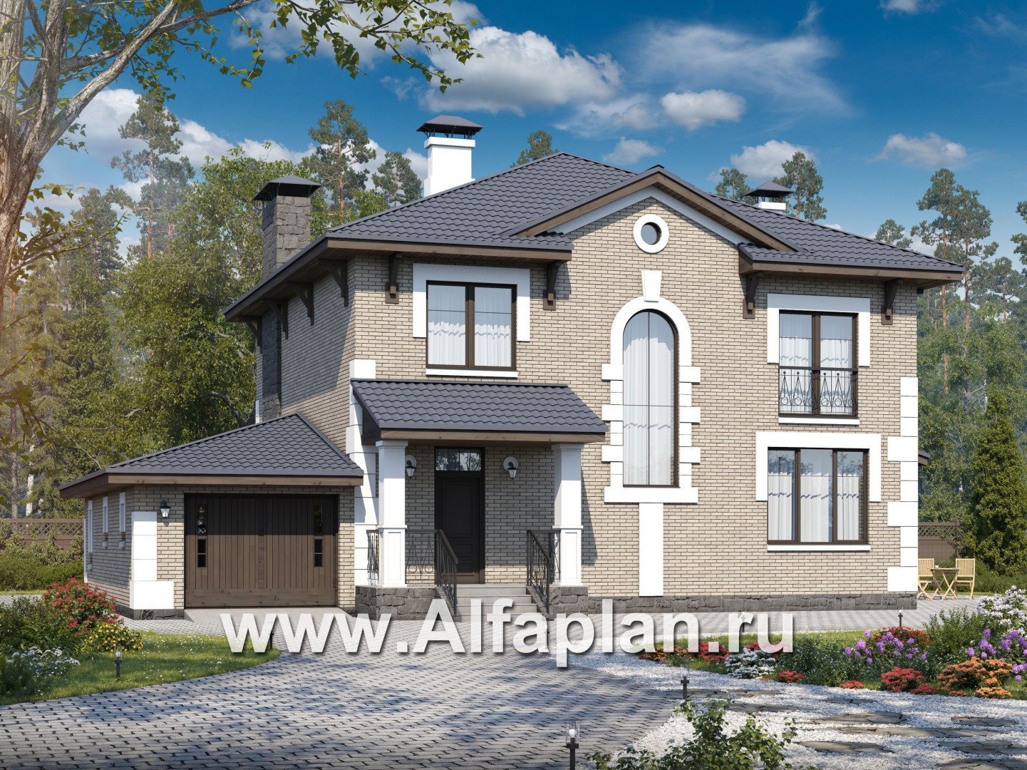 «Земляничная поляна» - проект двухэтажного дома, с большой верандой, мастер спальня, с гаражом - основное изображение