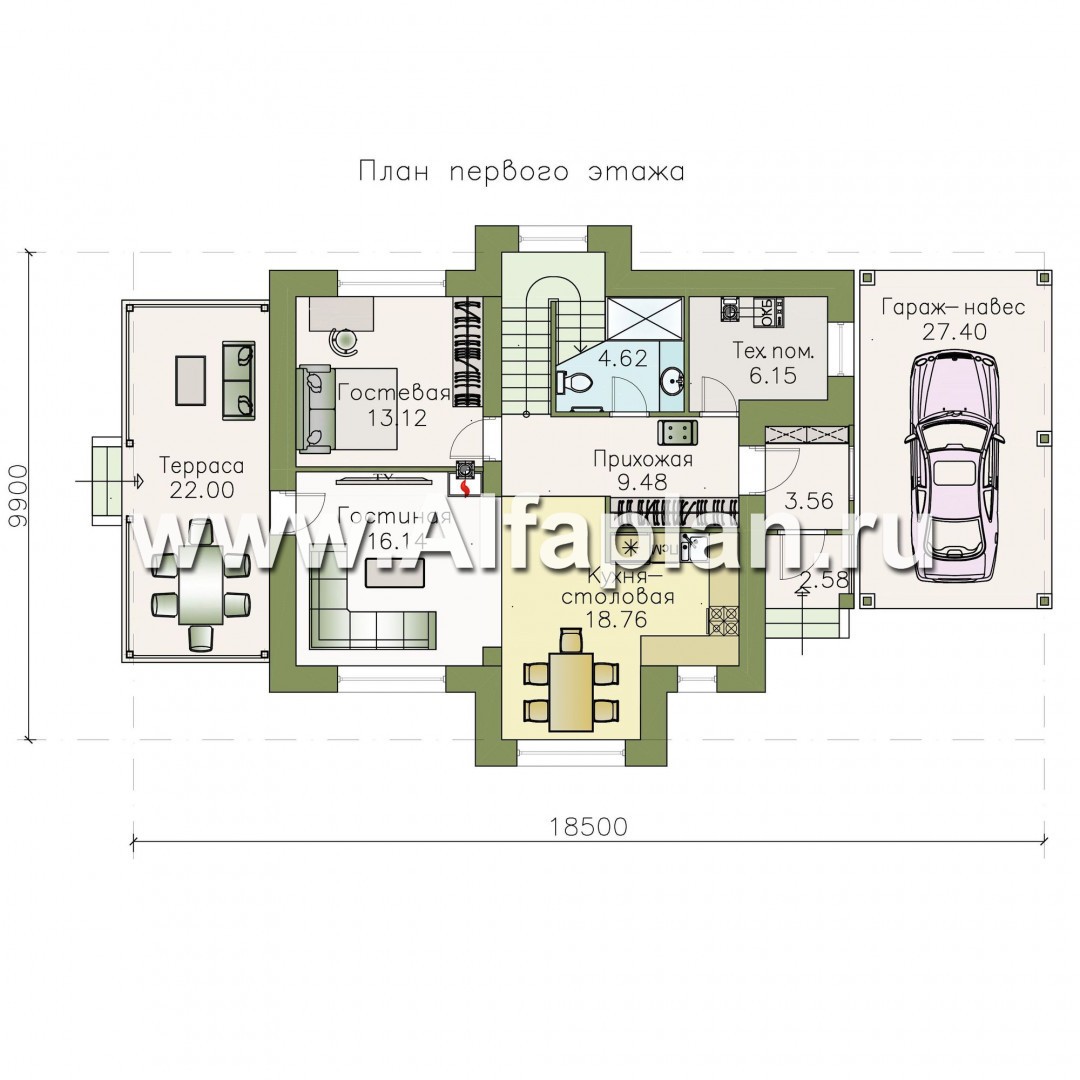 «Аспект» - проект коттеджа с мансардой, кабинет на 1 эт и терраса, с навесом на 1 авто, с двускатной кровлей - план дома