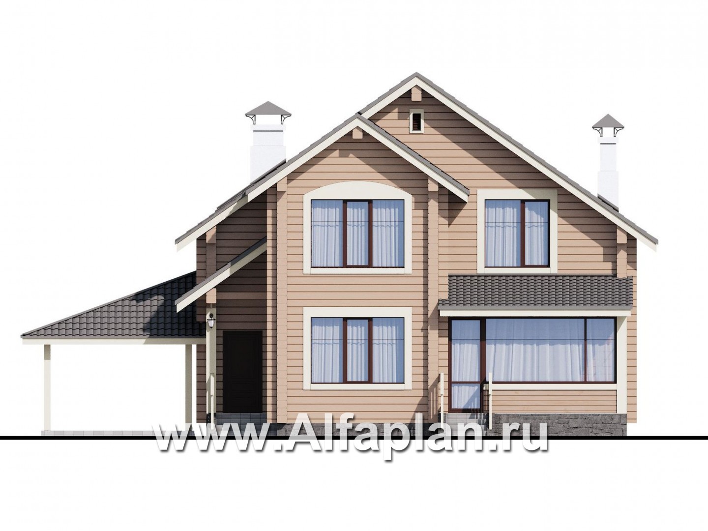 «АльфаВУД» - проект дома с мансардой, из дерева, с навесом для авто - фасад дома