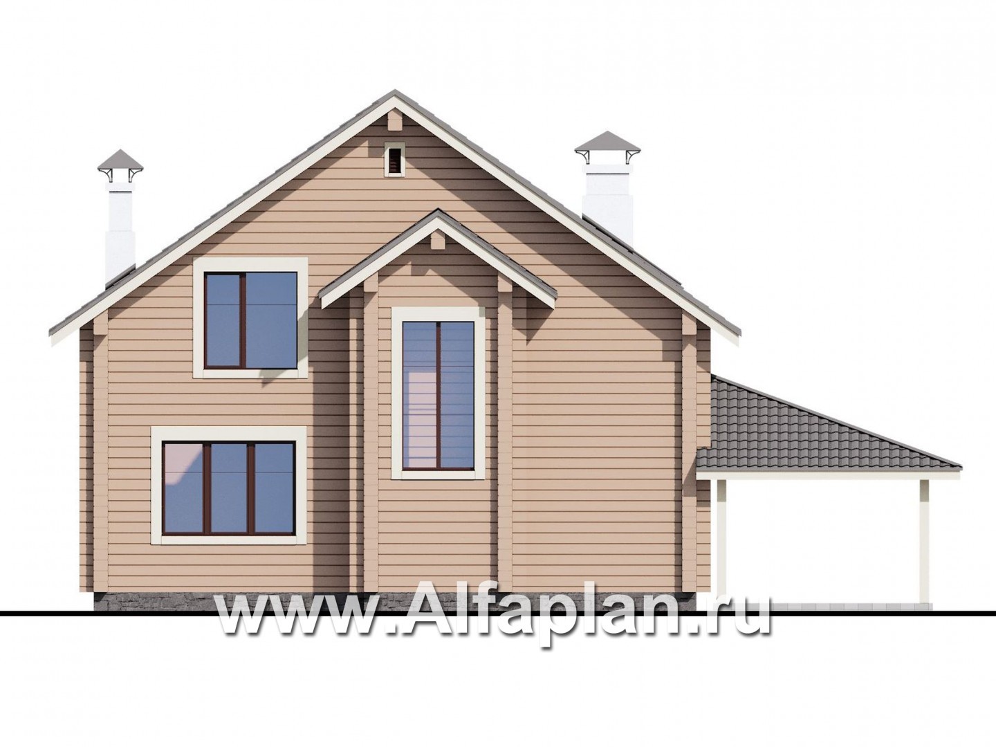 «АльфаВУД» - проект дома с мансардой, из дерева, с навесом для авто - фасад дома