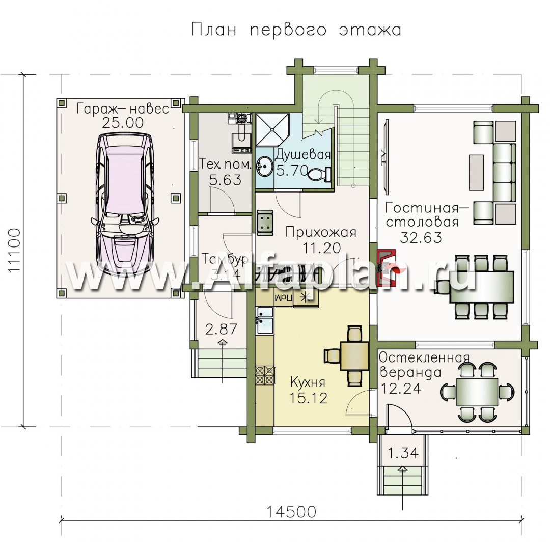 «АльфаВУД» - проект дома с мансардой, из дерева, с навесом для авто - план дома