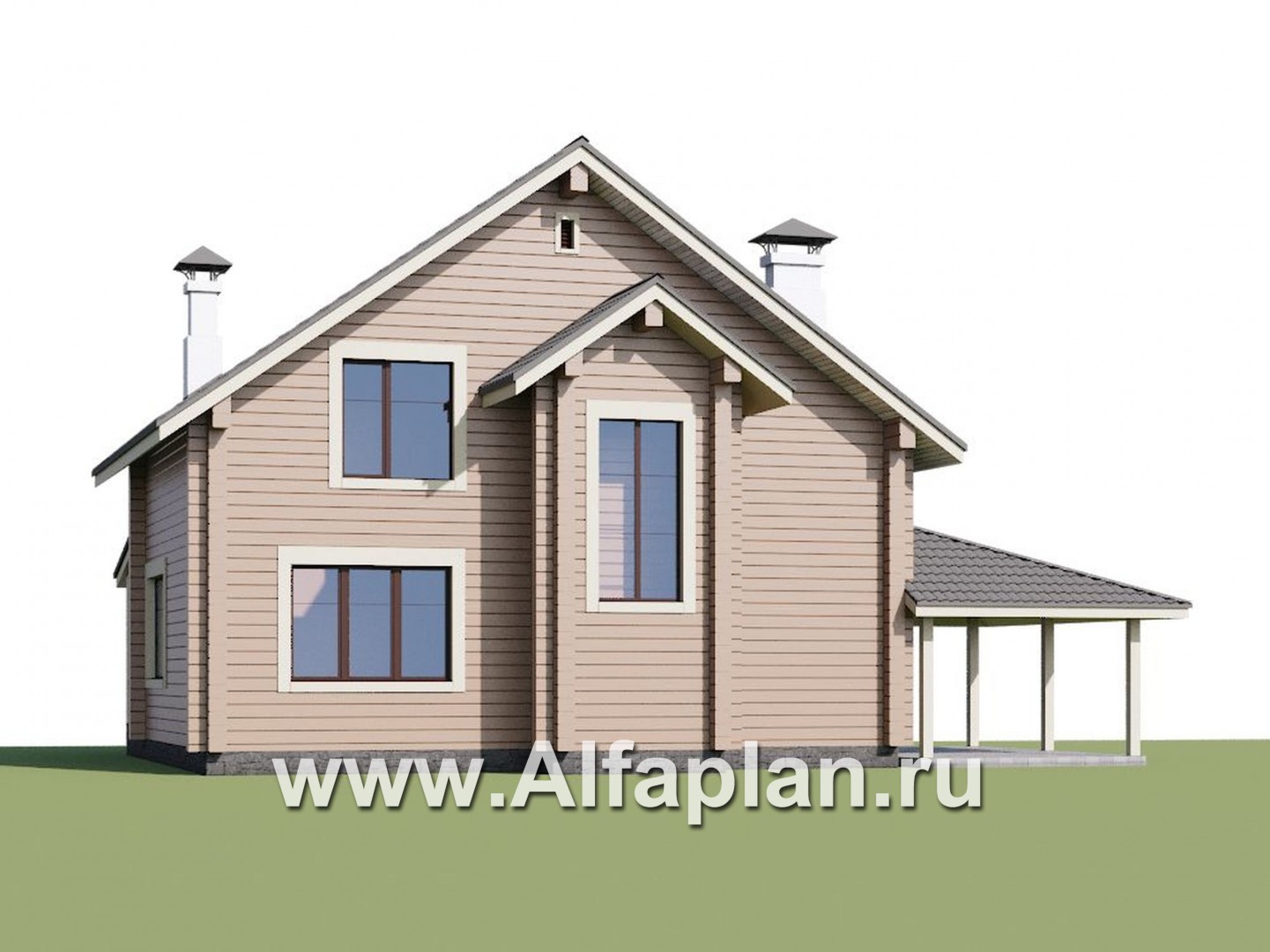 «АльфаВУД» - проект дома с мансардой, из дерева, с навесом для авто - дизайн дома №1