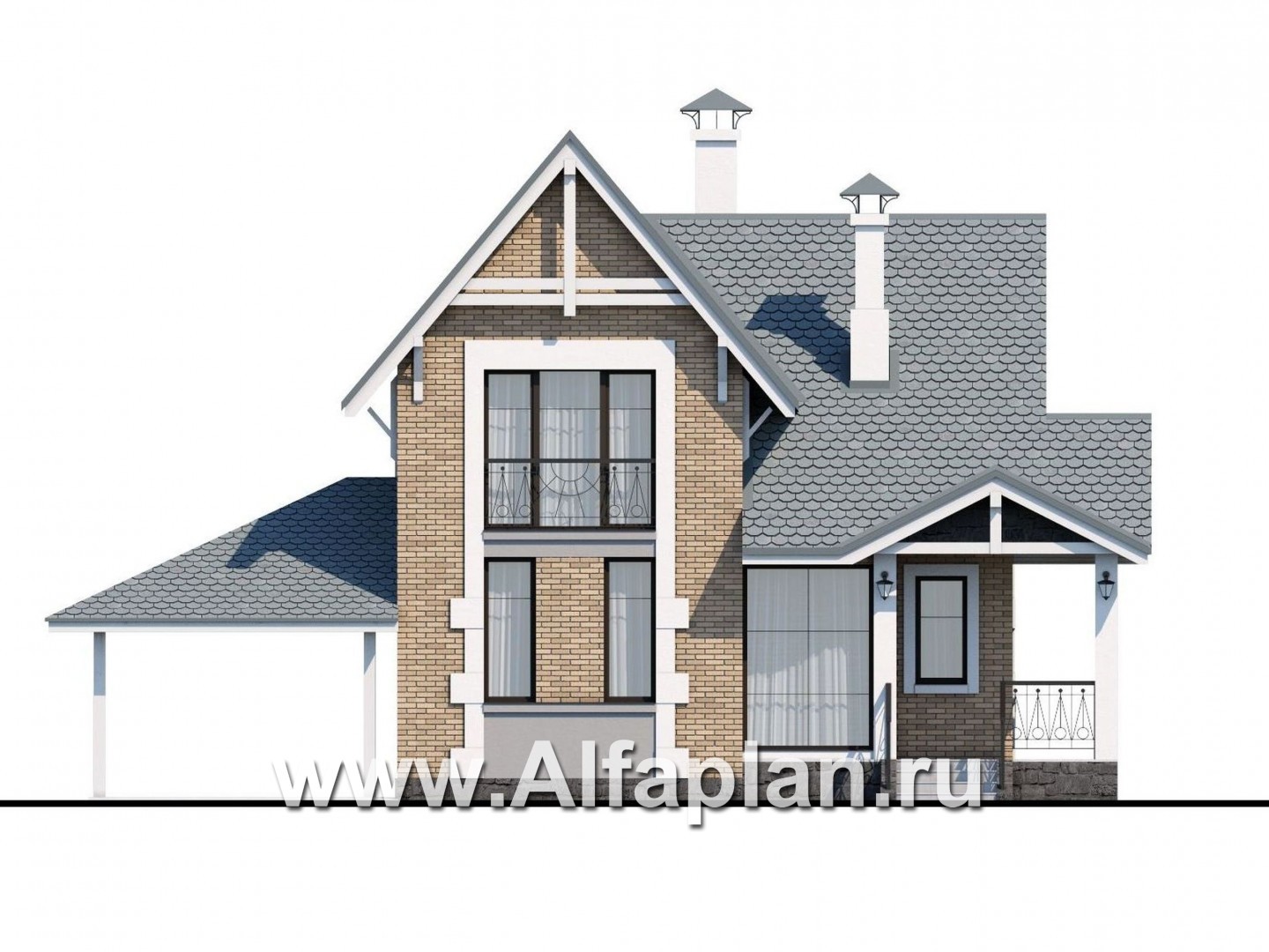 Проекты домов Альфаплан - Коттедж из кирпича «Кадет» с гаражом навесом - изображение фасада №1