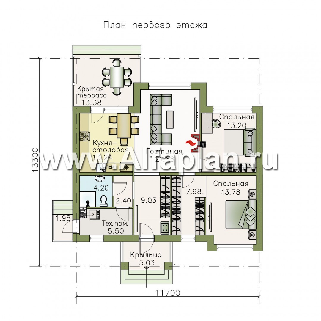Проекты домов Альфаплан - «Бирюса» - одноэтажный коттедж для небольшой семьи - план проекта №1
