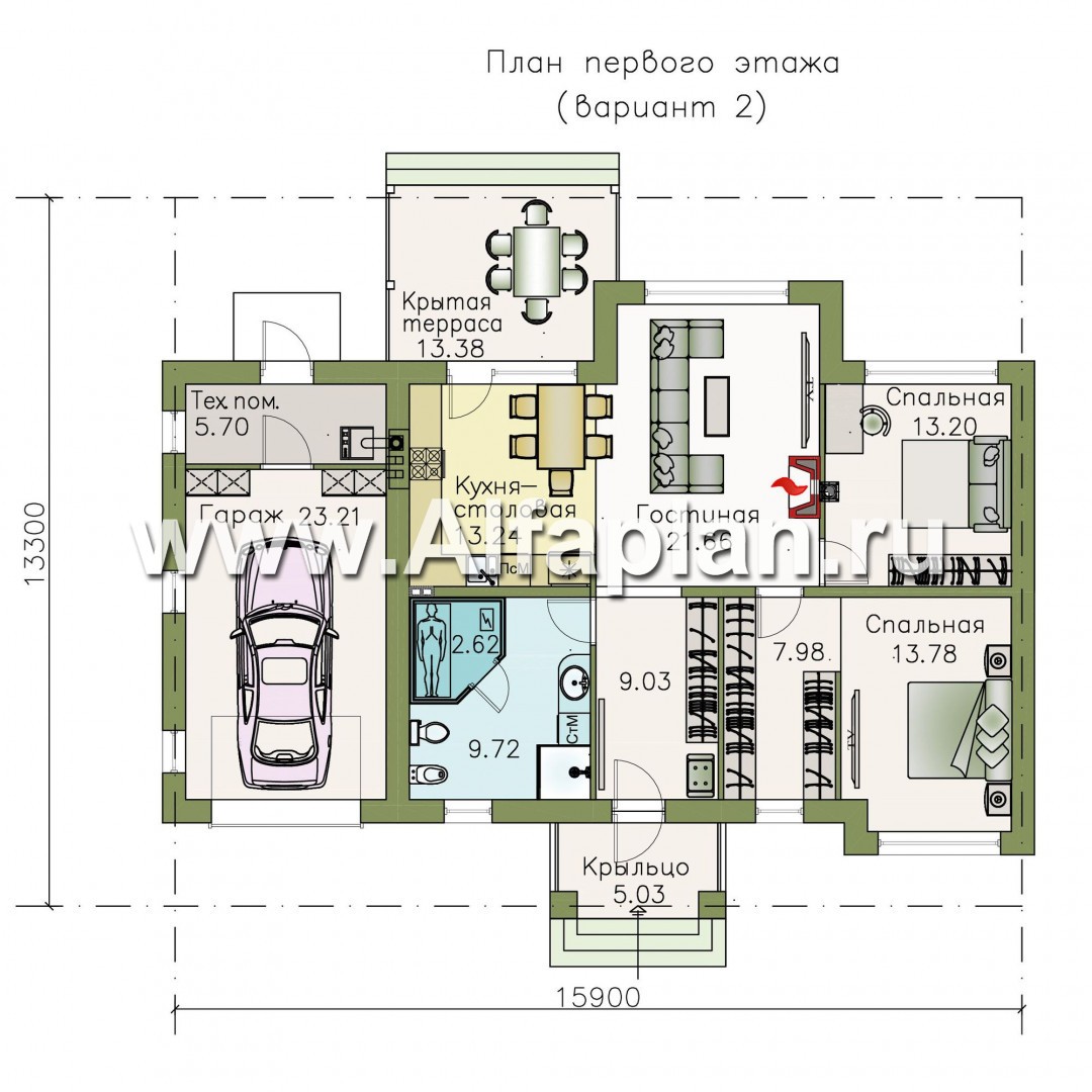 Проекты домов Альфаплан - «Бирюса» - одноэтажный коттедж для небольшой семьи, с теплым гаражом - изображение плана проекта №2