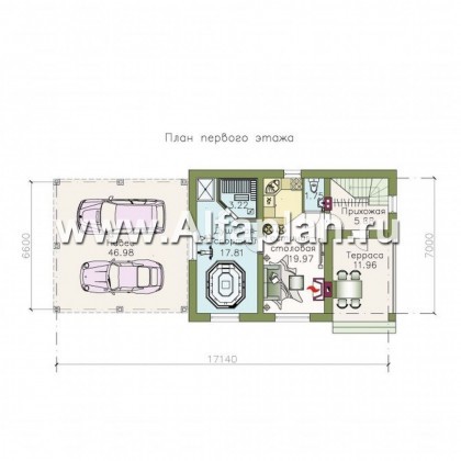 Проекты домов Альфаплан - Сауна с гостевой квартирой в мансарде и навесом на два автомобиля - превью плана проекта №1