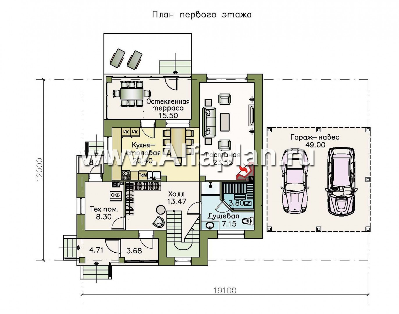 Проекты домов Альфаплан - «Кваренги» - коттедж с террасой и навесом для машины - план проекта №1