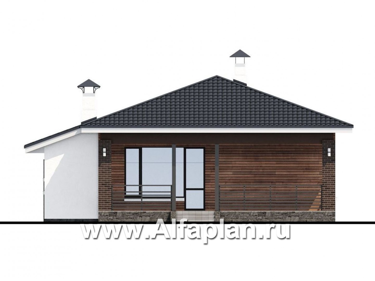 Проекты домов Альфаплан - «Каллиопа» - одноэтажный дом с террасой и гаражом (две спальни) - изображение фасада №4