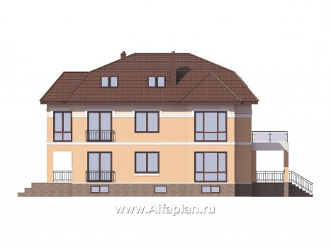 Проекты домов Альфаплан - Особняк бизнес класса с цокольным этажом и мансардой - превью фасада №4