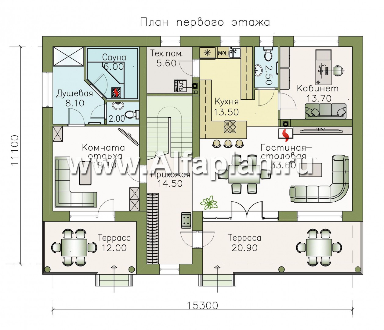 Проекты домов Альфаплан - «Гоген» - коттедж с эксплуатируемой кровлей - изображение плана проекта №1