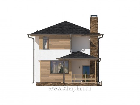 Проект двухэтажного дома, планировка с камином и трубой на фасаде, с террасой, в современном стиле - превью фасада дома