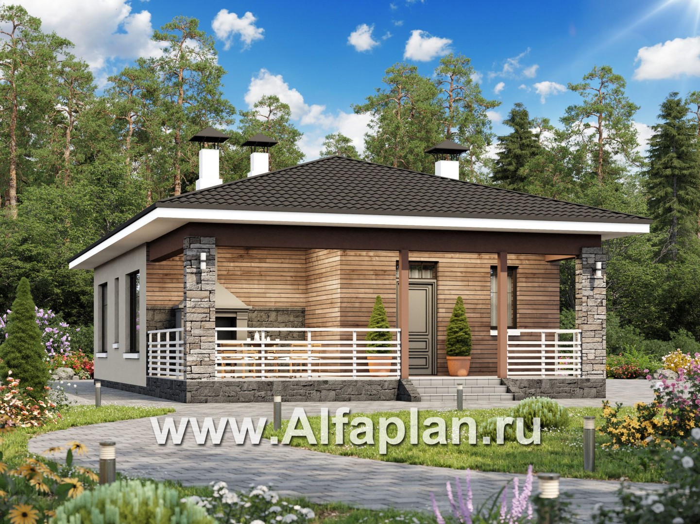 Проекты домов Альфаплан - «Мелета» - уютный одноэтажный дом с тремя спальнями - основное изображение