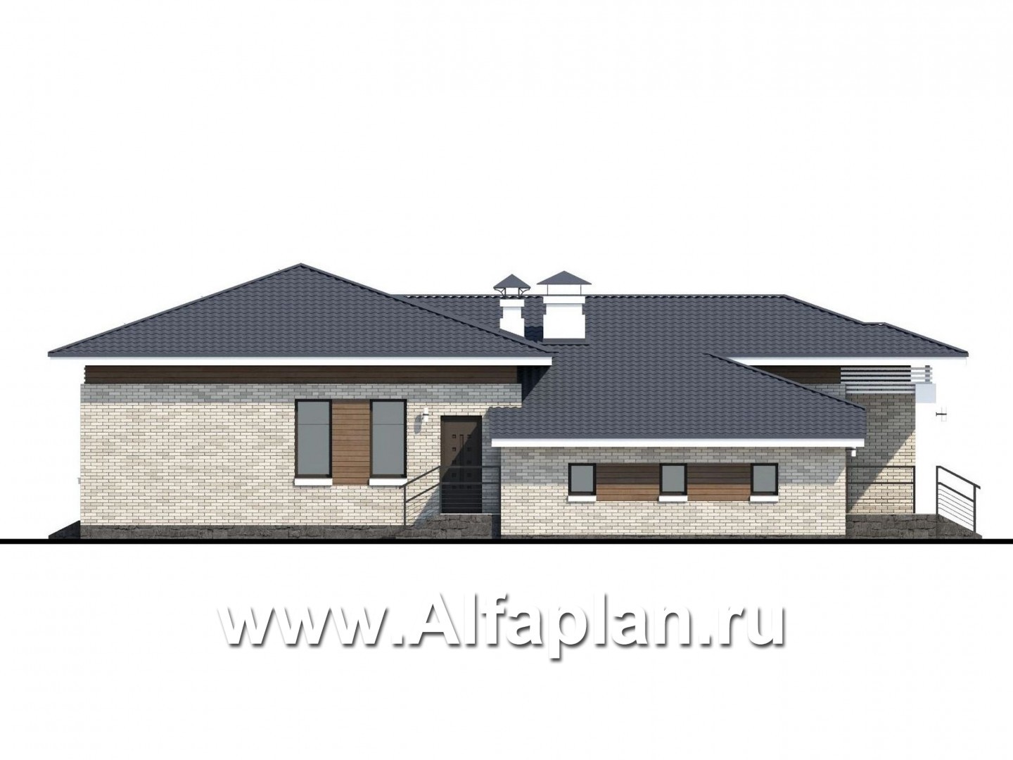 Проекты домов Альфаплан - «Днестр» - одноэтажный коттедж с большим гаражом и террасой - изображение фасада №3