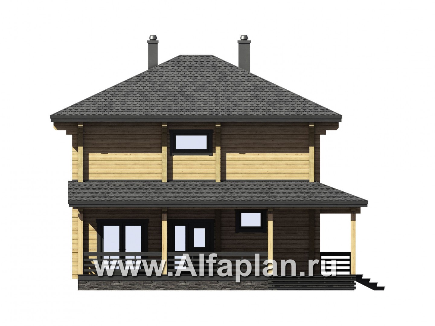 Проекты домов Альфаплан - Двухэтажный деревянный дом с террасой - изображение фасада №1