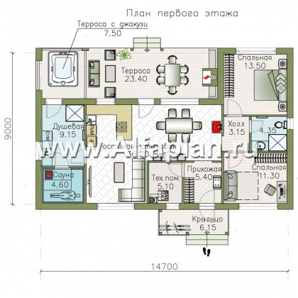 Проекты домов Альфаплан - «Зита» - просторный коттедж в один этаж с сауной и джакузи - превью плана проекта №1