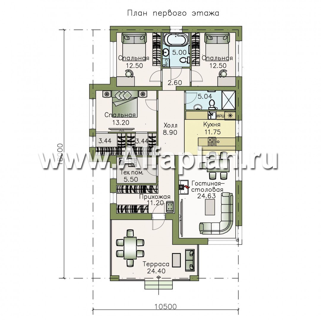 Проекты домов Альфаплан - «Гестия» - современный одноэтажный коттедж с террасой - план проекта №1