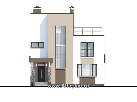 Проекты домов Альфаплан - «Приоритет» - компактный трехэтажный дом с «зеленой» кровлей - превью фасада №1